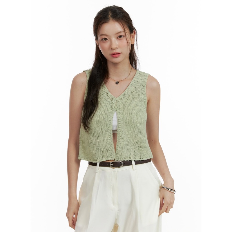 V-Neck Knit Vest OU411|Green|Light beige|Black|S/M