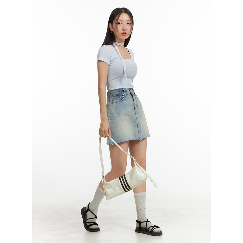 Washed Mini Denim Skirt OU407|Blue|Gray|S|M|L|1XL|2XL|3XL