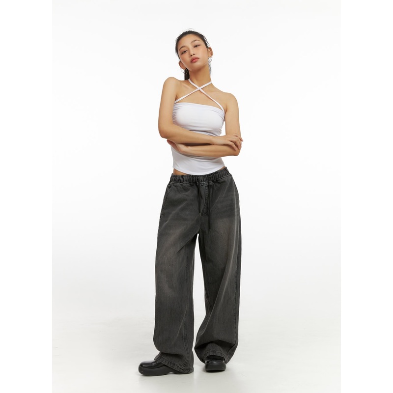 Banding Baggy Jeans IU412|Black|Blue|Gray|M|L