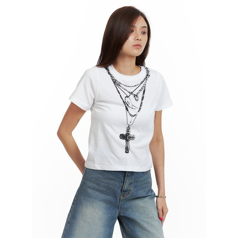 Cotton Graphic Crop Tee CU417|White|Black|S/M