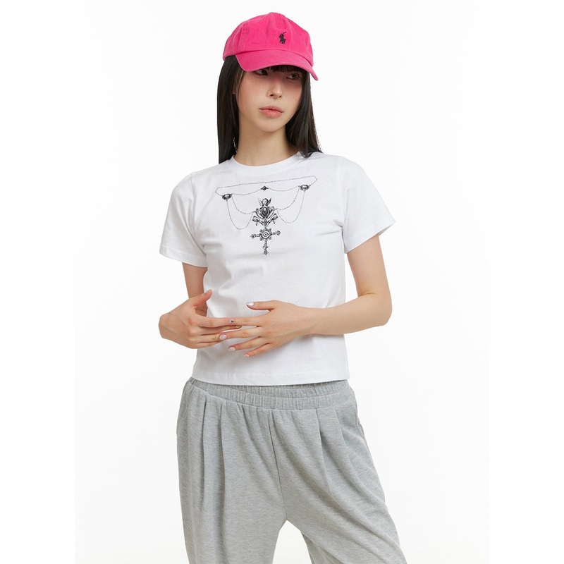 Cotton Graphic Crop Tee CU425|White|Black|S/M
