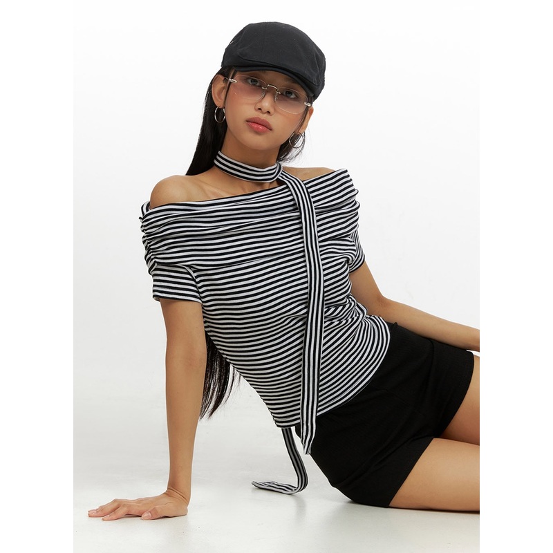 Cotton Stripe Shirred Off Shoulder Crop Top with Scarf IU412