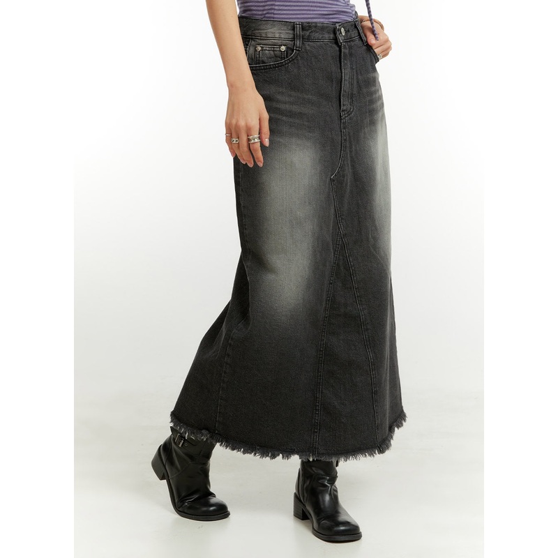 Destroyed Hem Denim Maxi Skirt CU421