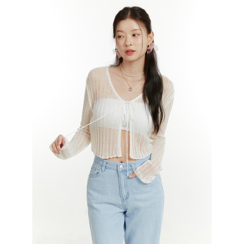 Drawstring V-Neck Sheer Cardigan OU419