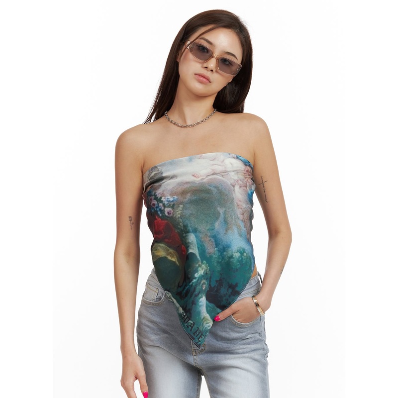 Graphic Satin Tube Top CU417|Blue|One Size