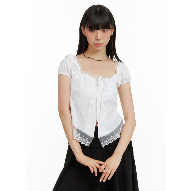 Lace Hem Cotton Ribboned Square Neck Shirt CU425