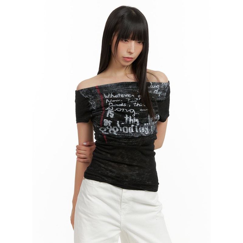 Linen Graphic Off Shoulder Top CU425