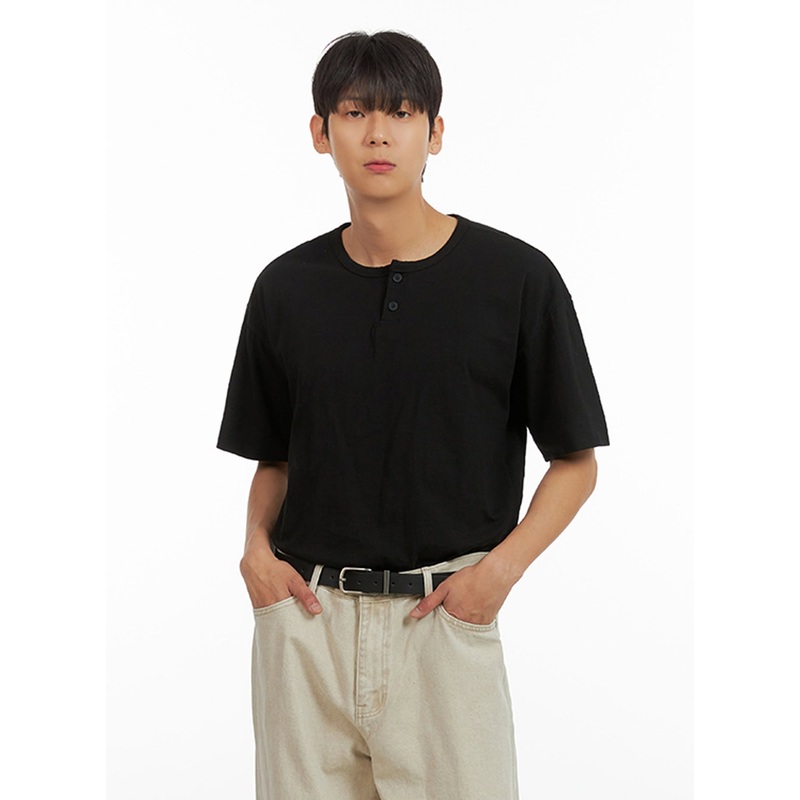 Men’s Cotton Round Neck Button T-Shirt (Black) IU419
