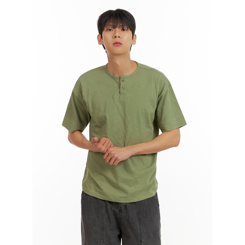 Men’s Cotton Round Neck Button T-Shirt (Dark Green) IU418