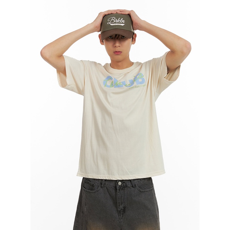 Men’s Lettering Round Neck T-Shirt (Light Beige) IU419