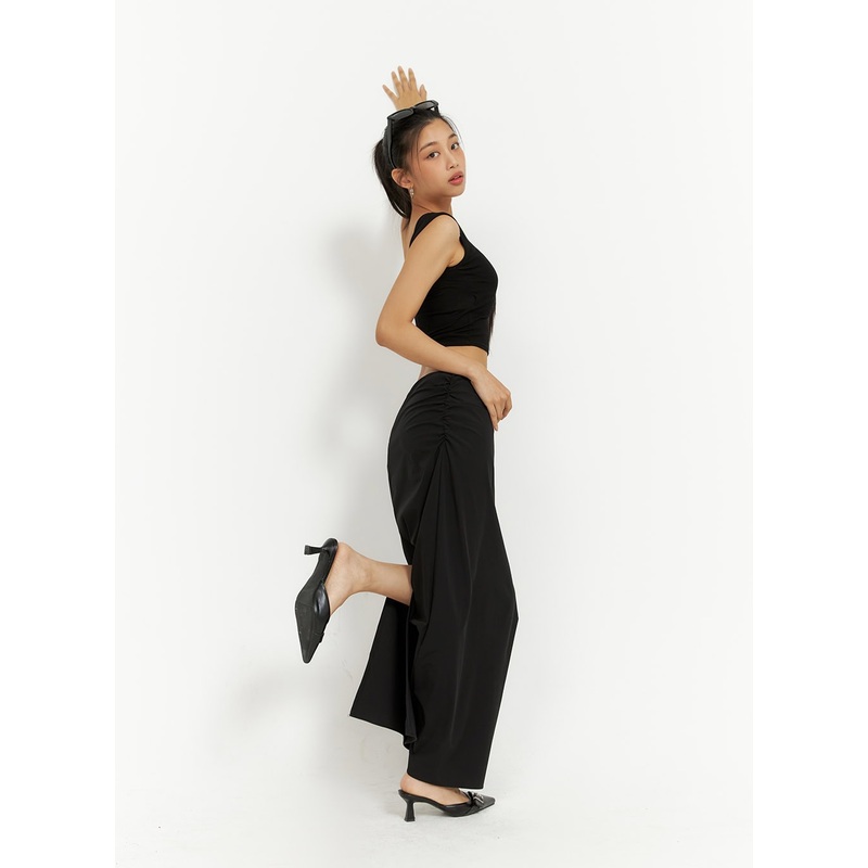 Shirred Solid Maxi Skirt IU412