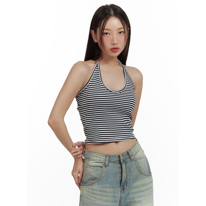 Stripe Halter Crop Top CU420|Black|Brown|Gray|S/M