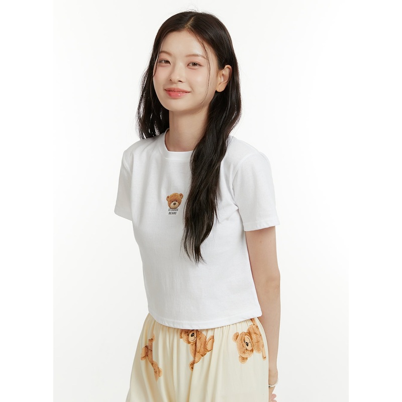 Teddy Print Crop Tee OU414|White|Black|S/M