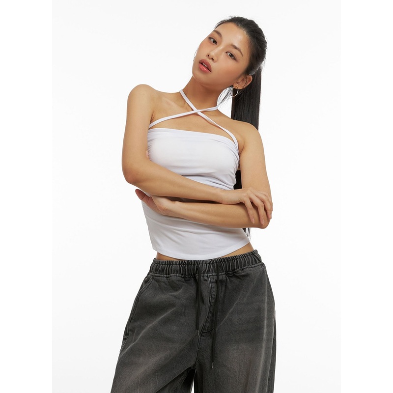 X-Strap Halter Crop Top IU412|White|Black|S/M