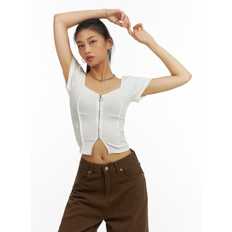 Zip-Up Crop Top IU412|White|Black|S/M