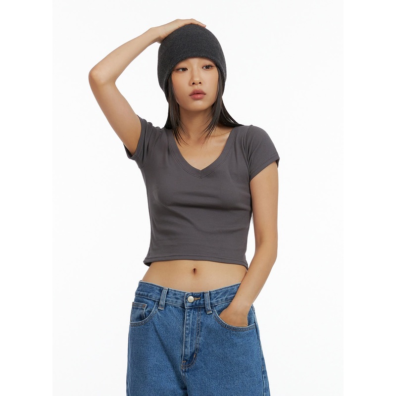 Basic V-Neck Crop Tee IL409|Dark gray|White|Black|S/M