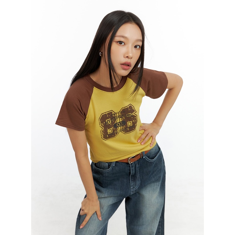 Contrasting Cotton Graphic Raglan Tee IL409