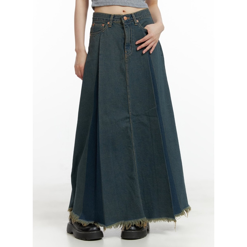 Distressed Hem Denim Maxi Skirt CL403