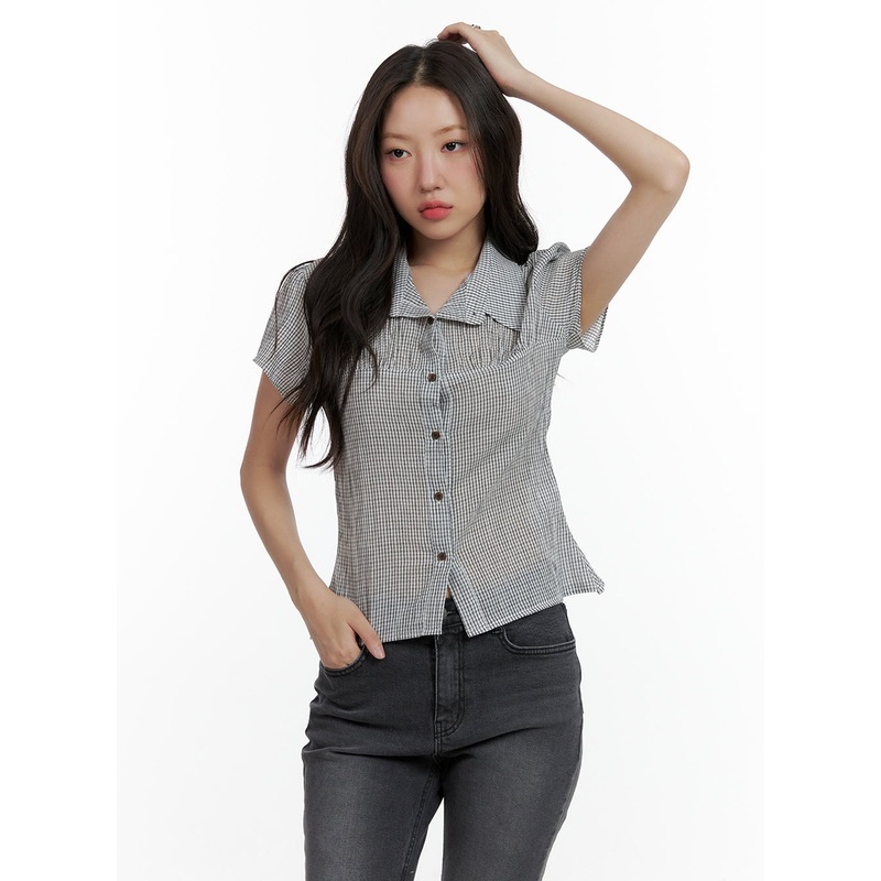 Gingham Buttoned Collar Short Sleeve Blouse CL410