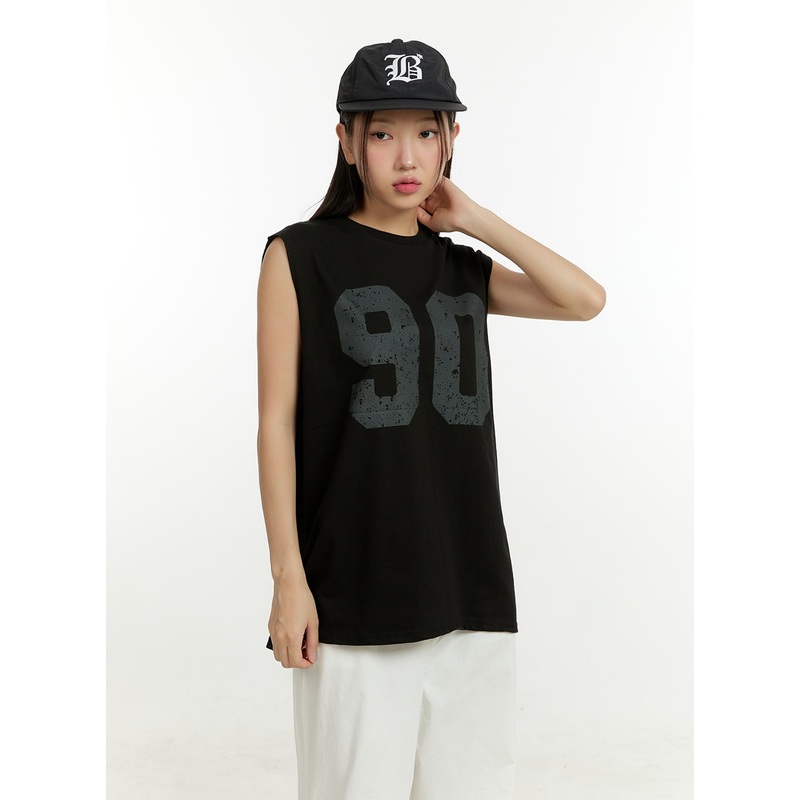 Lettering Oversize Cotton Sleeveless Top CU428