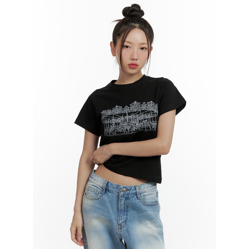 Merry-Go-Around Cotton Graphic Crop Tee CL410
