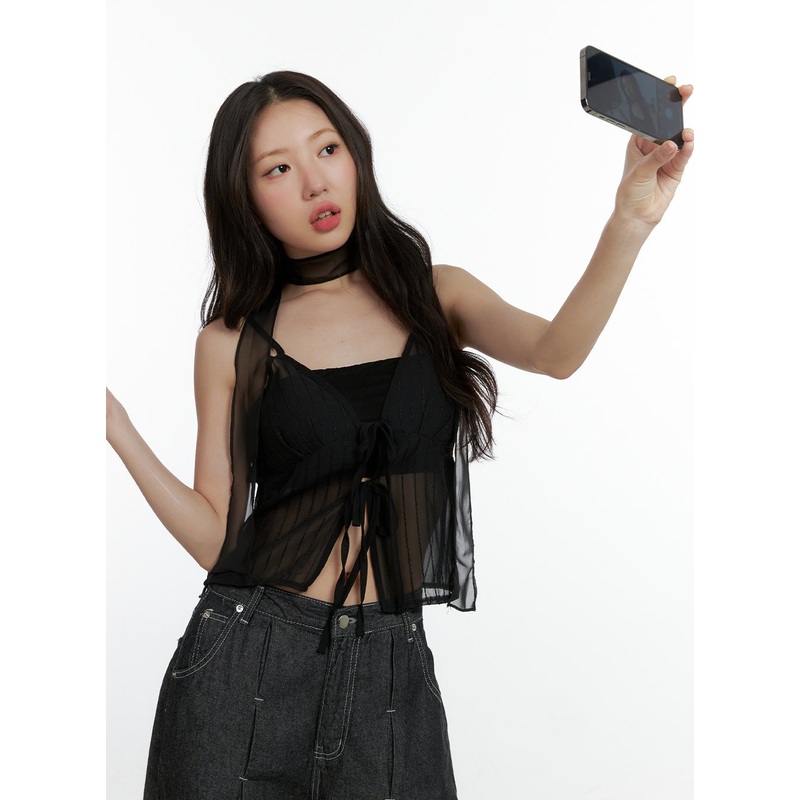 Mesh Slit Strap Tank Top with Scarf Set CL410