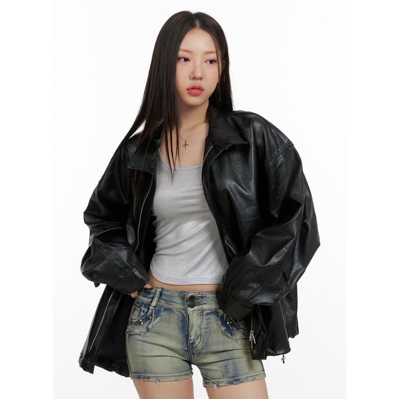 Oversize Zip-Up Faux Leather Jacket OL408