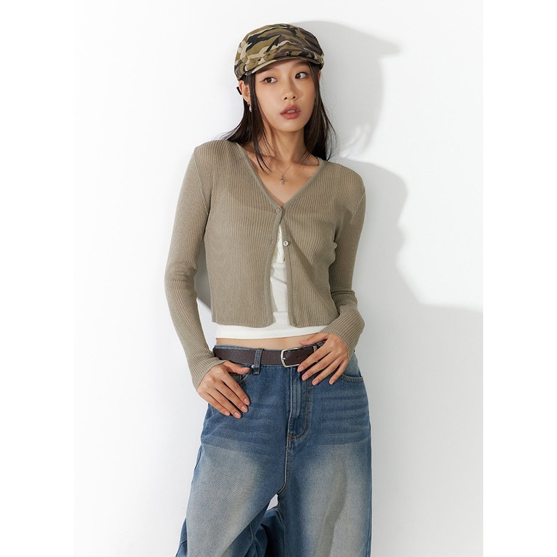 Sheer Buttoned Cardigan IL409|Dark beige|Black|S/M