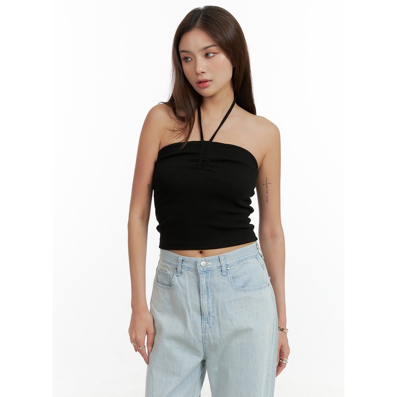 Shirred Halter Neck Crop Tube Top CL404