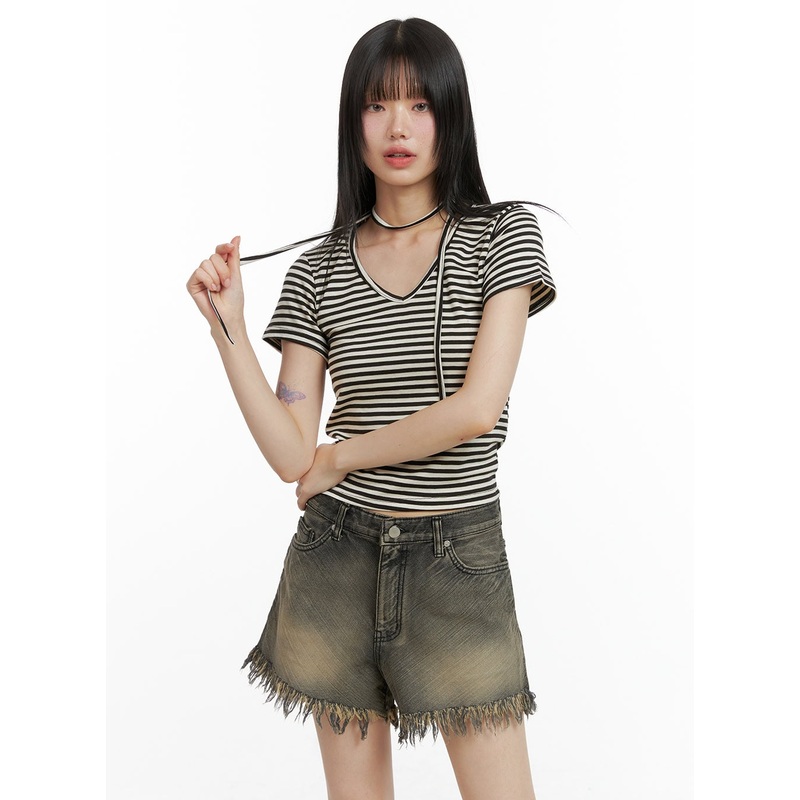 Stripe V-Neck T-Shirt CL401|Light beige|Pink|Black|S/M