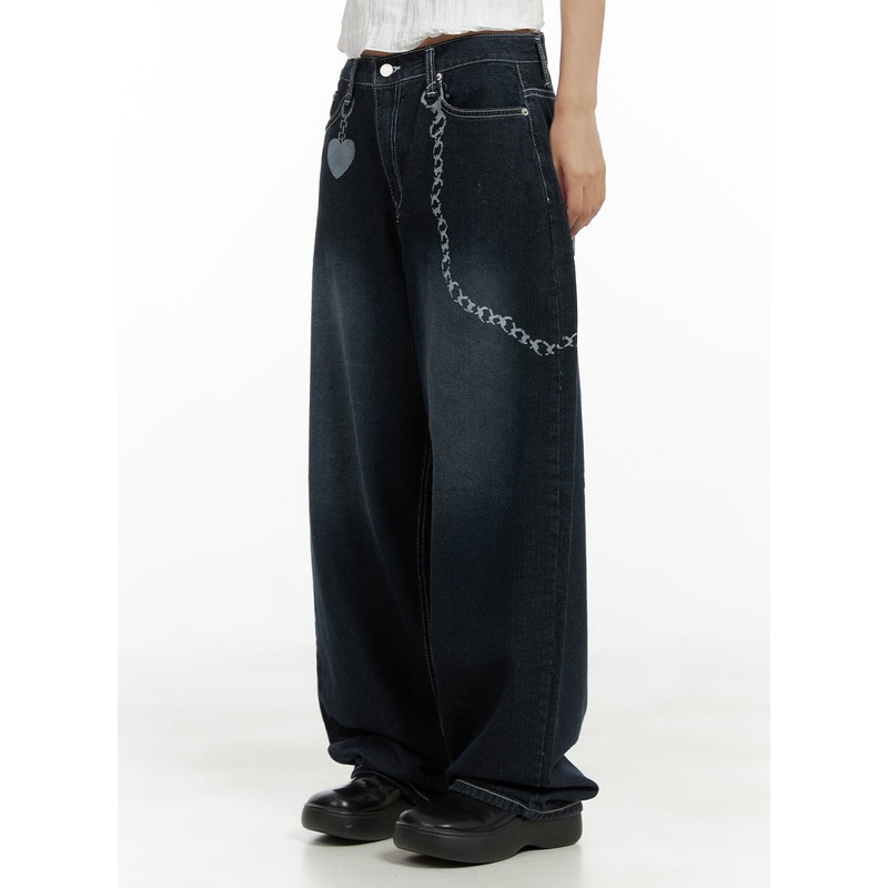 Chain Baggy Jeans CL418|Dark blue|S|M|L