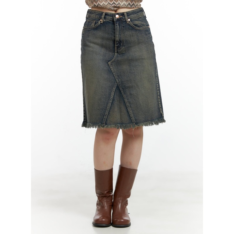 Destroyed Hem Denim Midi Skirt CL422