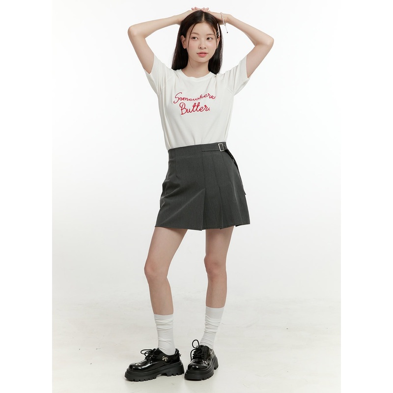 Half Pleated Belted Mini Skirt OL423