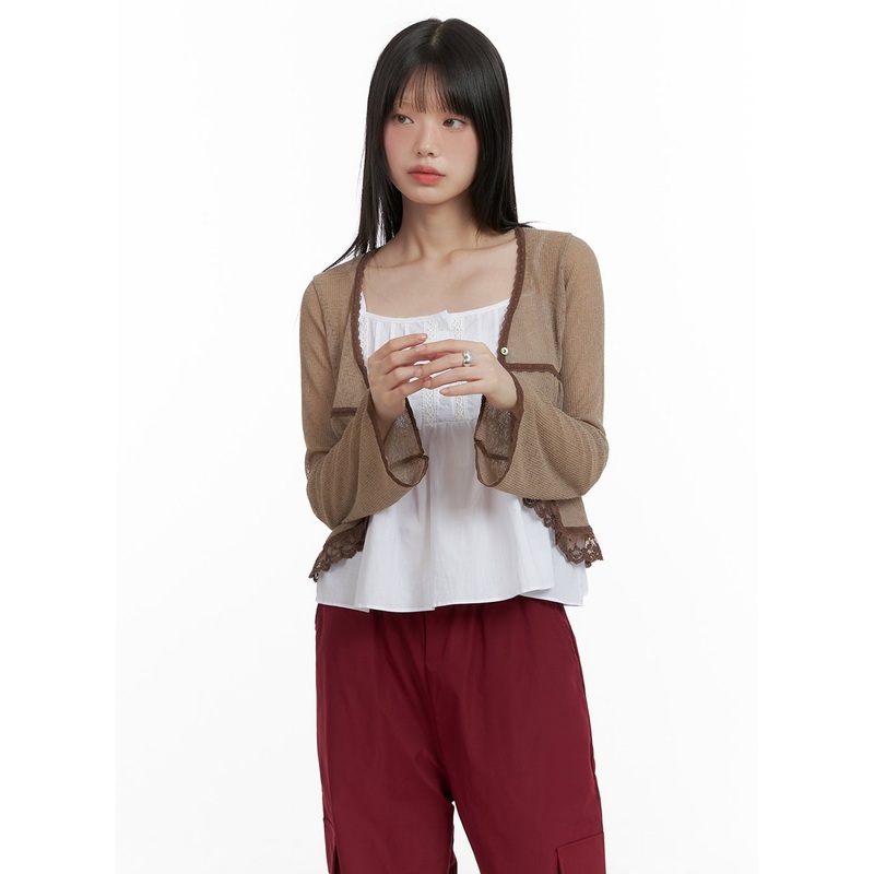 Lace Hem Cardigan CL412|Dark brown|Dark blue|Light beige|S/M