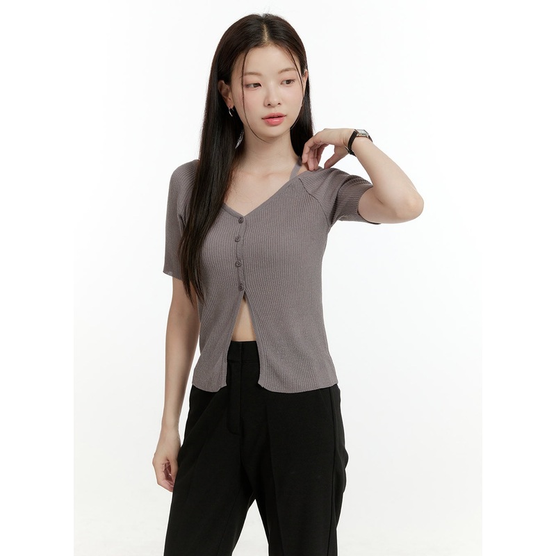 Ribbed Knit V-Neck Top OL423|Dark gray|Beige|S/M