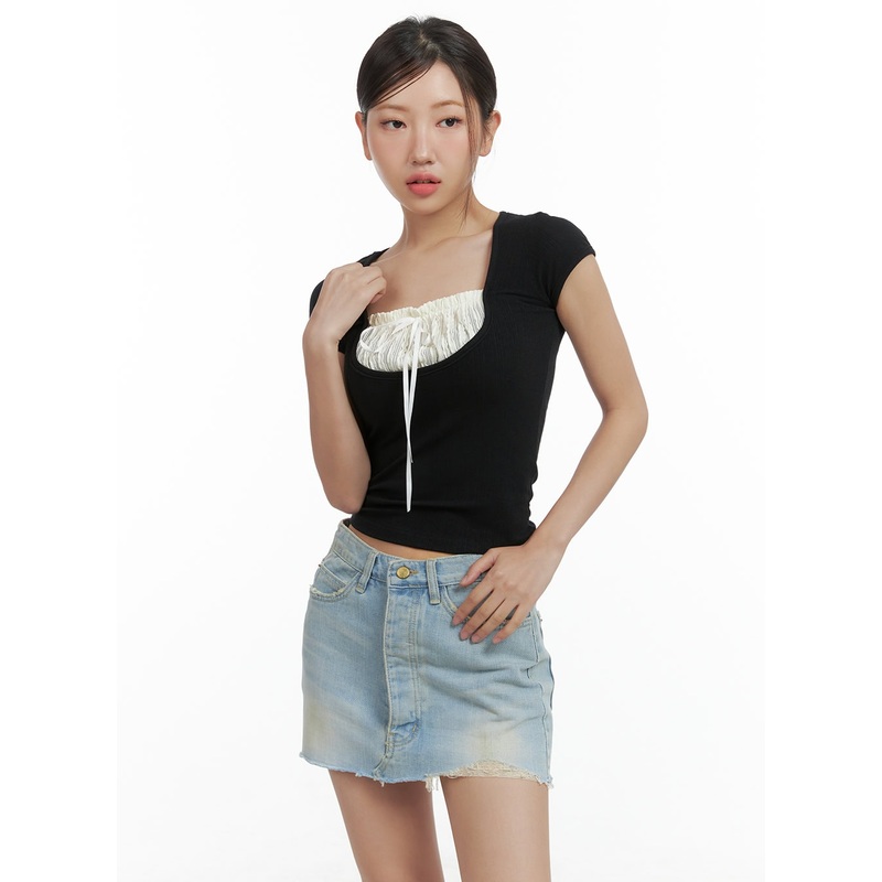 Ribbon Shirred Crop Top CL417|Black|White|S/M