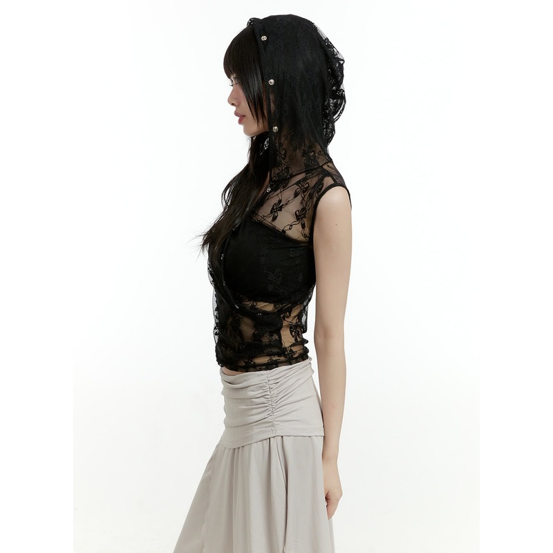 See-Through Buttoned Sleeveless Hoodie Top CL426