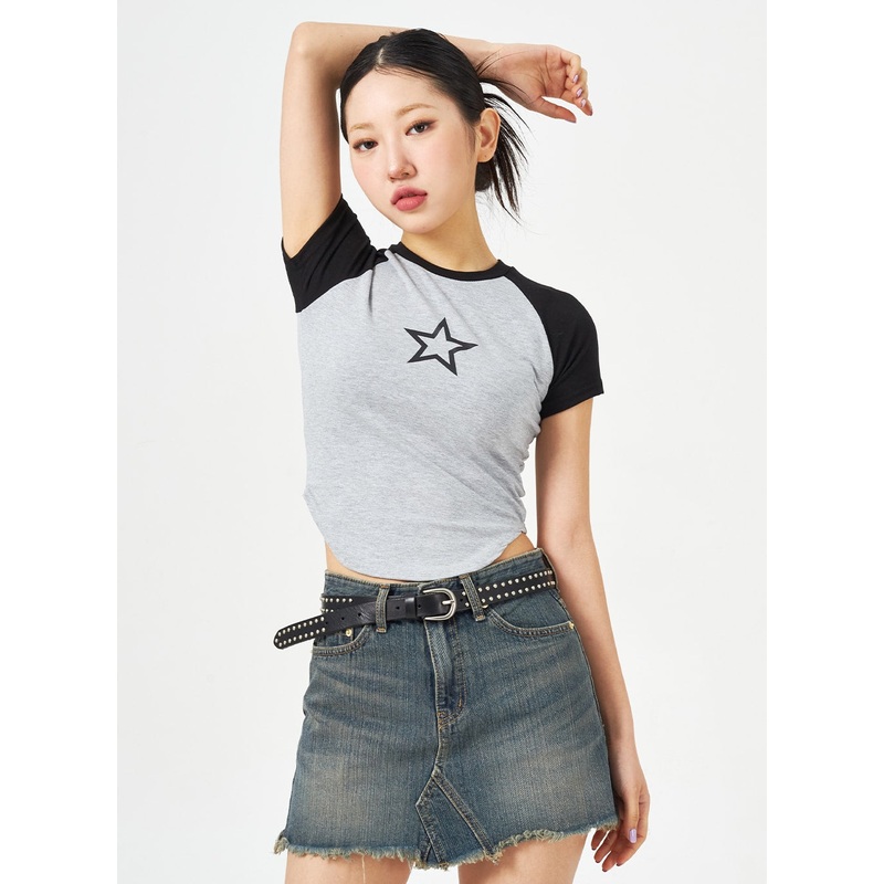 Star Two Color Tee CM321|White|Light pink|Gray|S/M