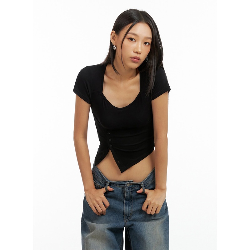 Asymmetrical Buttoned Square Neck Crop Top IG405