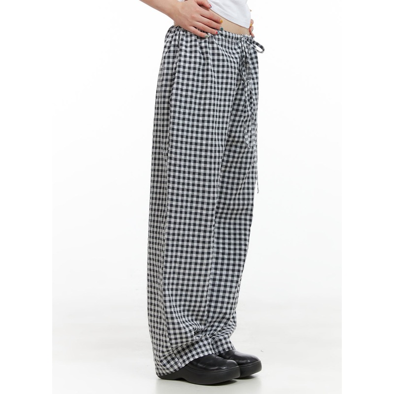 Checkered Banded Cotton Wide Leg Pants CG408