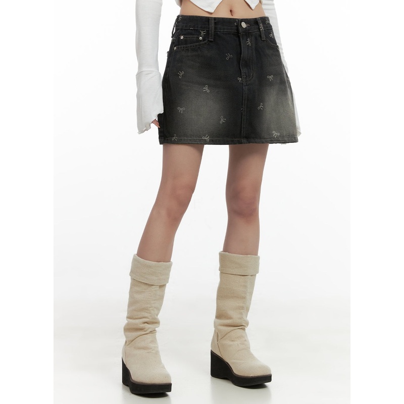 Ribbon Printed Denim Mini Skirt CS419