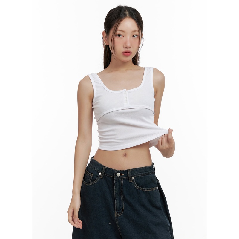 Square Neck Buttoned Crop Tank Top CL431
