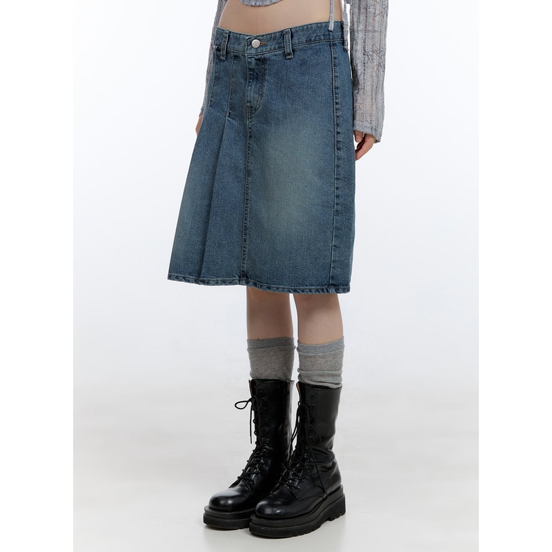 Asymmetrical Pleated Washed Midi Denim Skirt CG412