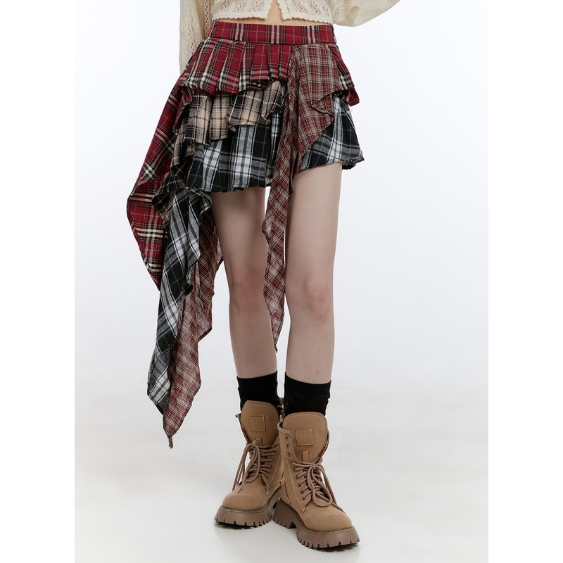 Asymmetrical Ruffle Checkered Mini Skirt CG412