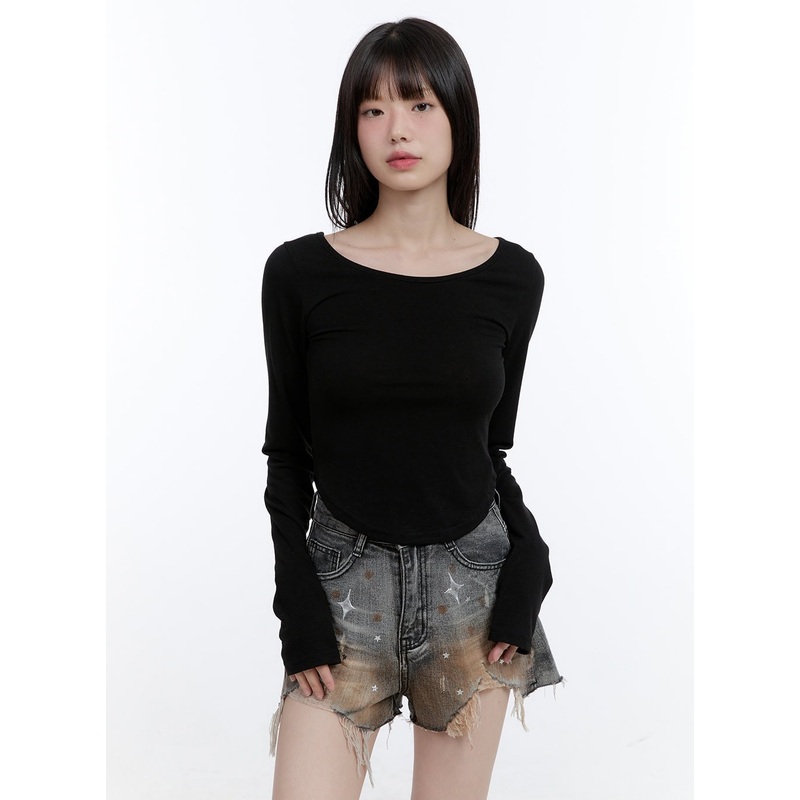 Boat Neck Solid Long Sleeve Crop Top CG413