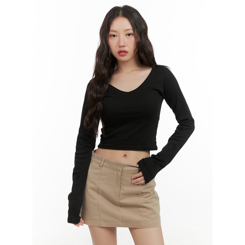Cotton V-Neck Crop Long Sleeve Top CG422