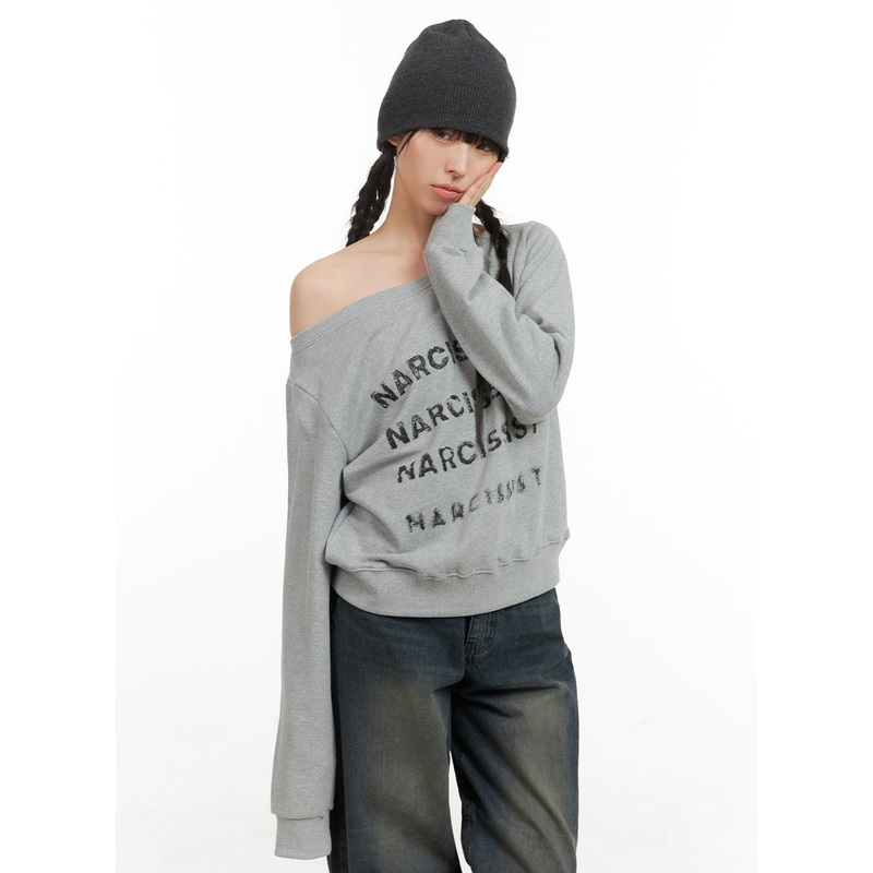 Cozy Lettering Off Shoulder Sweatshirt CG419