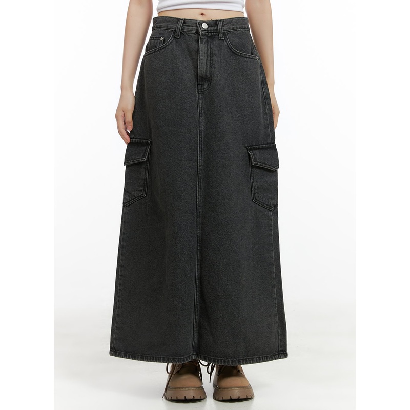 Denim Cargo Pocket Washed Maxi Skirt CG426