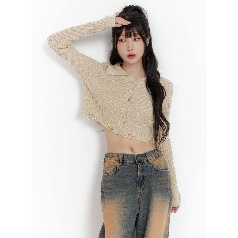 Distressed Hem Collared Crop Cardigan CG421