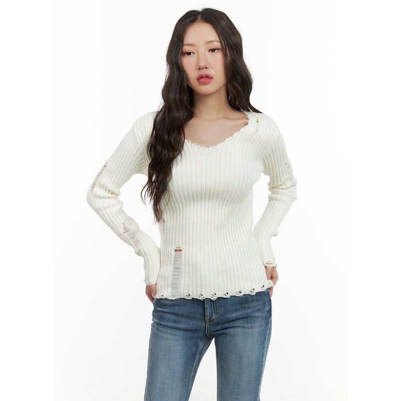 Distressed Knit V-Neck Ribbed Top CG422